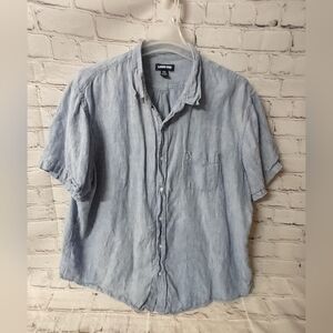 Lands' End Chambray 100% Linen Short Sleeve XXL Traditional Fit Coastal Button D